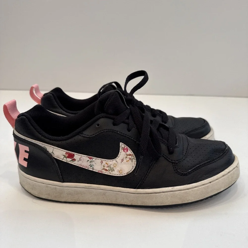 Nike Court Borough Black White Floral Leather Sneakers 7Y Youth Lace Up Tie Shoe